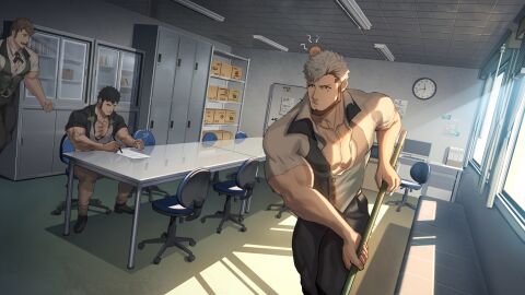 3boys aftermath angry angry_face arm_hair bara beard beefy biceps big_breasts black_hair blue_eyes breasts cardboard_box ceiling ceiling_light chest_hair cleaning clock clothed computer daddy dark_room dilf fluorescent_light gay head_bump hi_res holding_pen hunk inconsistent indoors looking_at_another looking_down male male_only masculine_male mature_male meeting_room microwave mop morning multicolored_hair muscles muscular muscular_arms muscular_ass muscular_chest muscular_legs muscular_male muscular_thighs no_visible_genitalia nullqllun office office_chair open_clothes open_mouth oppai original original_character pecs quadriceps reflection shelf short_hair sideburns sitting sitting_on_chair standing sunlight swollen table tears thick_arms thick_neck thick_thighs tight_clothing time_lapse tough_guy triceps two-tone_hair uniform very_high_resolution vest white_hair whiteboard window writing yaoi