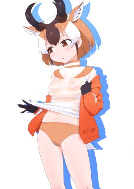 animal_ears bangs bare_legs black_gloves blush breasts brown_eyes brown_hair buruma cameltoe clothes_lift clothing dot_nose eyebrows_visible_through_hair female female_only frontal_wedgie gloves high_resolution horizontal_pupils horns jacket kemono_friends kemono_friends_2 legs long_sleeves looking_to_the_side masuyama_ryou medium_breasts medium_hair multi_ear multicolored_hair navel no_bra nopan open_cardigan open_clothes open_jacket open_mouth orange_buruma orange_hair orange_jacket pantsu partially_visible_vulva pronghorn_(kemono_friends) pulled_by_self pussy see-through see-through_clothing shiny shiny_skin shirt shirt_lift short_hair short_shorts shorts sidelocks simple_background small_breasts solo solo_female standing stomach sweat tail track_jacket two-tone_hair underwear undressing very_high_resolution wet wet_clothes wet_shirt white_background white_hair white_shirt