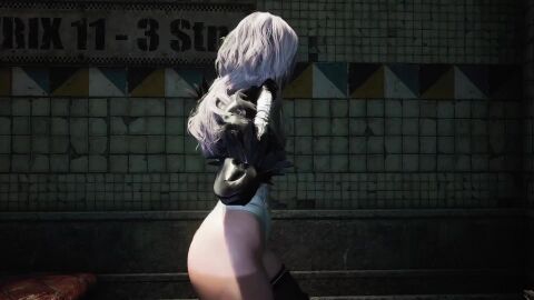 16:9 1girls 3d animated ass ass_focus bent_over big_ass cosplay eve_(stellar_blade) female female_focus female_only gloves large_ass light-skinned_female nier nier:_automata nier_(series) screen screencap solo stellar_blade tagme thong_leotard video yorha_2b_(cosplay)