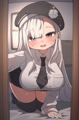 all_fours animated black_hat black_necktie black_skirt black_thighhighs blinking blue_eyes blush bouncing_breasts breasts collared_shirt commission female hat indoors large_breasts live2d long_hair looking_at_viewer necktie open_mouth original second-party_source shirt skirt sleeves_past_wrists smile solo sweat thighhighs w.k white_hair white_shirt