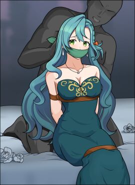 1boy 1girls alternate_costume aqua_hair arms_behind_back bare_arms bare_shoulders bed blue_hair bondage bound bound_arms bound_legs braid breasts captured chloe_(fire_emblem) cleavage cloth_gag collarbone dress female female_focus femsub fire_emblem fire_emblem_engage flower frown gag gagged green_eyes improvised_gag just_some_guy long_hair male maledom medium_breasts necklace nintendo official_alternate_costume on_bed over_the_mouth_gag restrained rope rose shoulders sitting sleeveless solo_focus strapless_dress very_long_hair