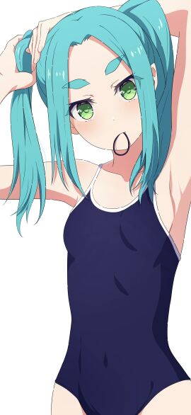 aqua_hair arm_up armpits bare_arms bare_shoulders belly_button_visible_through_clothing blush breasts camui1104 collarbone female green_eyes groin hair_tie_in_mouth long_hair monogatari_(series) mouth_hold one-piece_swimsuit ononoki_yotsugi school_swimsuit shiny_skin small_breasts swimsuit twintails tying_hair