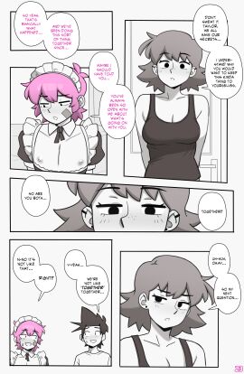 1girls 2boys big_breasts black_hair breasts comic comic_page dialogue dross female femboy femboy_on_female jacob_(dross) light-skinned_male light_skin maid maid_uniform male nipples pecs pink_hair roxanne_(dross) tagme taylor_(dross) text