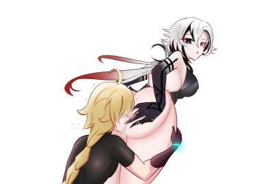 1boy 1girls aether_(genshin_impact) arlecchino_(genshin_impact) ass color drawing facesitting fat_ass female fetish genshin_impact hoyoverse male mihoyo taller_female textless_version thick_thighs unknown_artist