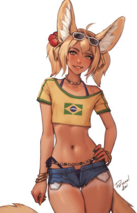 ahoge animal_ear_fluff animal_ears arm_at_side bead_necklace beads bikini bikini_under_clothes black_bikini blonde_hair bracelet brazil brazilian brazilian_female brazilian_flag_print brazilian_miku brazilian_miku_(cosplay) brown_eyes cosplay eyewear_on_head female flat_chest flower fox_ears fox_girl fox_tail green_nails hair_between_eyes hair_flower hair_ornament hand_on_own_hip hatsune_miku highres jeans_shorts jewelry khiara_(personalami) looking_at_viewer medium_hair multicolored_nails nail_polish navel necklace off_shoulder open_clothes open_shorts original parted_lips personalami rectangular_earrings shirt short_hair short_shorts short_sleeves shorts simple_background smile solo sunglasses swimsuit tail tan tanlines thigh_gap twintails vocaloid white-framed_eyewear white_background yellow_nails yellow_shirt
