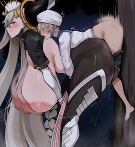 1boy 1girls big_areola big_nipples bigger_female black_legwear blush body_paint bodypaint breasts breasts_bigger_than_head cucked_by_femboy deep_penetration fate/grand_order fate_(series) female femboy femboy_on_female from_behind_position horn huge_ass huge_breasts huge_cock hugging_from_behind larger_female long_hair male male_on_female mature mature_female milf nemo_(fate) olga_marie_animusphere open_mouth owner_(artist) painted_clothes penis pinned_to_wall seductive_smile size_difference small_dom_big_sub smaller_male stockings straight thick_thighs u-olga_marie