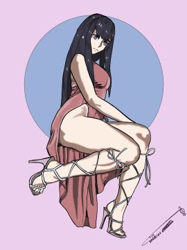 1girls artist_signature black_hair blue_eyes dress female female_only fully_clothed high_heels ironsiderodger kill_la_kill kiryuuin_satsuki legs light-skinned_female light_skin long_hair open_toe_shoes sitting solo thighs
