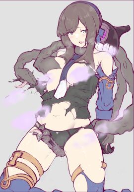 1girls breast_grab breasts breasts_out censored drooling enemy_naval_mine_(kantai_collection) female freckles kantai_collection mogador_(kantai_collection) nakahara_nakahara restrained torn_clothes