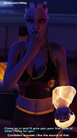 3d alien alien_genitalia alien_girl asari comic comic_page elcor english english_text female latex_clothing liara_t'soni mass_effect vikhlop