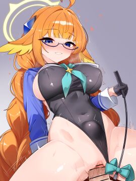 1boy :d absurdres ahoge aqua_neckerchief bar_censor black_gloves black_leotard blue-framed_eyewear blue_archive blue_eyes blue_shrug blue_sleeves blunt_bangs blush braid breasts breath censored clothed_sex clothing_aside commentary covered_nipples cowgirl_position english_commentary feather_hair female glasses gloves grey_background grin groin hair_intakes half_gloves halo happy_sex heart highleg highleg_leotard highres holding holding_riding_crop large_breasts leotard leotard_aside long_hair long_sleeves looking_down low_twin_braids low_twintails motion_lines nabiyan neckerchief neckerchief_between_breasts nose_blush official_alternate_costume official_alternate_hairstyle orange_hair pussy riding_crop semi-rimless_eyewear sex shimiko_(blue_archive) shimiko_(magical)_(blue_archive) shrug_(clothing) simple_background smile solo_focus stomach_bulge straddling straight sweat twin_braids twintails twitching vaginal_penetration very_long_hair yellow_halo