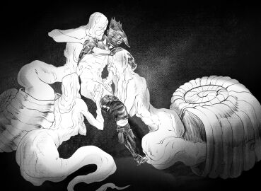 1boy 3girls absurdres bloodborne breasts caio_santos emaciated erection fellatio female fromsoftware greyscale hair_over_eyes hat highres hunter_(bloodborne) male mask monochrome monster_girl mouth_mask multiple_females multiple_girls nipples oral penis shell snail_girl snail_shell snail_woman_(bloodborne) tricorne undressing_another