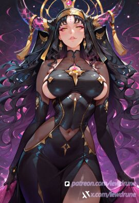 ai_generated beauty_mark black_elbow_gloves black_hair curvy_figure fate/grand_order fate_(series) golden_eyes high_collar horns lewdrune mature_female sesshouin_kiara yellow_eyes