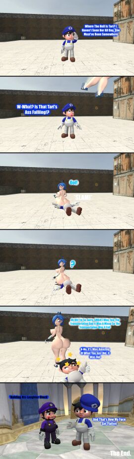 3d ass ass_on_face big_ass big_butt breasts butt_slam comic dialogue dizzy fail falling female flattened garry's_mod gmod kaibernation laugh nipples smg4 text transportation