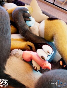 3d affectionate animal_genitalia animal_penis anthro balls bangs bed bedding bedroom black_body black_fur blanket blue_body blue_fur c4d canine_genitalia canine_penis cinema_4d_(artwork) claws close-up daytia detailed detailed_fur digital_media_(artwork) duo eye_contact face_to_face facial_expression fluffy fluffy_tail fur furniture genitals green_hair hair hi_res interspecies intimacy licking long_tail looking_at_another looking_at_viewer lying male male/male multicolored_body multicolored_fur nuzzling open_mouth orange_body orange_fur pawpads paws penis pillow pose posed red_body red_fur rexouium shaded side_view smile soft_shading tail toe_claws tongue tongue_out white_body white_fur