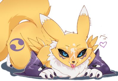 all_fours anthro areola bandai_namco biped black_sclera blue_eyes blush bodily_fluids breasts canid canine claws cum cum_on_face digimon digimon_(species) female fox fur genital_fluids heart_symbol lolobot looking_at_viewer multicolored_body multicolored_fur nipples pupils purple_body renamon shadow simple_background slit_pupils solo tongue tongue_out white_background white_body white_fur yellow_body yellow_fur