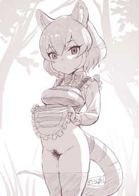 absurdres animal_ears blush breasts closed_mouth clothes_lift dress dress_lift female greyscale highres kemono_friends large_breasts lifting_own_clothes looking_at_viewer masuyama_ryou monochrome no_panties outdoors pussy pussy_juice short_hair solo tail thighhighs thylacine_(kemono_friends)