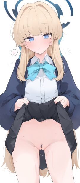 absurdres black_skirt blonde_hair blue_archive blue_eyes blue_halo blush censored clothes_lift embarrassed female halo highres lifting_own_clothes long_hair looking_at_viewer mikozin pussy pussy_juice school_uniform simple_background skirt skirt_lift toki_(blue_archive) white_background