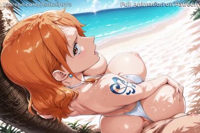 1boy 1girl 1girls against_tree ai_generated animated animation anus ass ass_grab asukaiarts beach bikini bikini_bottom_aside blue_sky breasts brown_eyes censored clothing_aside cloud day digital_media earrings female fisheye from_behind jewelry large_breasts long_hair looking_at_viewer looking_back mosaic_censoring mp4 nami_(one_piece) nipples ocean one_piece open_mouth orange_hair outdoors palm_tree penis pov pov_crotch pussy reverse_cowgirl_position sand sex sex_from_behind shoulder_tattoo sky solo_focus straight sweat swimsuit swimsuit_aside tagme tattoo thong_aside thong_bikini tree uncensored vaginal_penetration video water white_bikini
