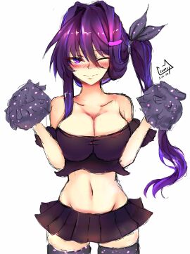 1girls bare_shoulders blush blush_lines breasts cheerleader cheerleader_outfit cheerleader_uniform cleavage crunnix doki_doki_literature_club female female_only long_hair miniskirt navel outfit pom_poms purple_eyes purple_hair revealing_clothes skirt uniform yuri_(doki_doki_literature_club)