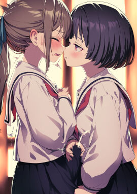 1futa 1girls absurdres ayanakitori big_penis black_hair blush breasts brown_hair bulge closed_eyes clothed clothing crotch_grab cum dialogue duo ejaculation ejaculation_under_clothes erection erection_under_clothes female fully_clothed futa_on_female futa_with_female futanari handjob handjob_over_clothes highres human imminent_kiss intersex japanese_text light-skinned_female light-skinned_futa light_skin looking_at_another masturbation multiple_females multiple_girls orgasm original penis sailor_collar school_uniform short_hair text textless_version