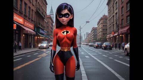 ai_generated animated breasts latex_bodysuit latex_gloves latex_thighhighs looking_at_viewer nipples_visible_through_clothing sound tagme the_incredibles video violet_parr walking