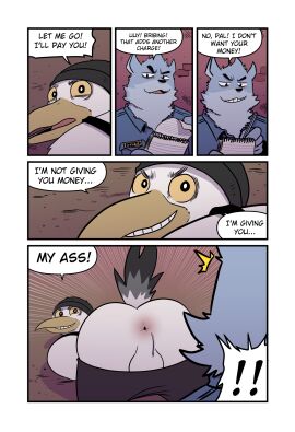 anthro anthro_on_anthro anus ass avian backsack balls ballsack beak bird canid canine canis clothed clothing comic dialogue duo english_text exclamation_point eyebrows fur genitals gull hi_res interspecies lari larid male male/male mammal perineum smile speech_bubble t0l0k tail text wolf