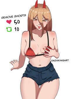 1girls belly belly_button blonde_hair breasts chainsaw_man female grabbing_own_breast horns jean_shorts power_(chainsaw_man) red_bikini red_horns sadxkingart shorts solo strip_game thick_thighs thighs tongue tongue_out yellow_eyes