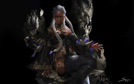 1girls big_breasts bodypaint braid braided_hair braided_ponytail breasts busty dark-skinned_female dark_skin dolores_(kof) earrings earth female glasses green_eyes heels jewelry king_of_fighters long_hair looking_at_viewer mud necklace purple_hair round_glasses seductive_eyes smile thick_lips thick_thighs thighs thong tied_hair two-tone_hair white_hair wide_hips