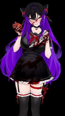 bangs black_background black_bow black_hair black_skirt black_thighhighs blood_on_clothes blood_on_face blood_on_hands blood_on_knife blood_on_weapon bow breasts brown_eyes choker colored_inner_hair female frills hair_between_eyes hairbow heart heart_choker holding holding_knife knife kurumi_(vtuber) large_breasts long_hair looking_at_viewer multicolored_hair pleated_skirt purple_hair sailor_collar school_uniform serafuku simple_background skirt smile solo thigh_strap thighhighs two-tone_hair very_long_hair virtual_youtuber weapon yandere