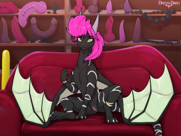 2025 3_toes anal_beads animal_dildo animal_sex_toy anklet black_body buttplug canine_dildo claws digital_drawing_(artwork) digital_media_(artwork) dildo double_dildo dragon dreyk-daro dripping_vulva english_description feet female feral finger_claws furniture genitals hair hi_res horn humanoid_hands inflatable_buttplug jewelry knot knotted_dildo looking_at_viewer membrane_(anatomy) membranous_wings mythological_creature mythological_scalie mythology on_sofa pink_hair plug_(sex_toy) pussy ridged_dildo scalie sex_toy sitting sitting_on_sofa sofa solo stripes tapered_dildo toe_claws toes vulva whip white_stripes wings yellow_eyes