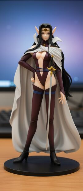 ai_generated alcyone_(rayearth) black_footwear black_hair black_leotard blurry_background boots breasts bridal_gauntlets brown_leotard cape center_opening circlet cleavage cloak closed_mouth clothing covered_nipples elf faux_figurine female figure full_body gloves hand_on_own_hip high_collar high_heel_boots high_heels highleg highleg_leotard jewelry leotard long_hair long_pointy_ears looking_at_viewer magic_knight_rayearth medium_breasts navel pointy_ears sheath sheathed solo standing sword thigh_boots thigh_strap thighhighs very_long_hair weapon white_cape