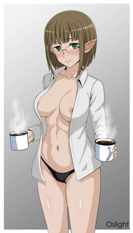 1girls areola areolae belly_button big_breasts blush blushing_at_viewer breasts breasts_out breasts_out_of_clothes collarbone curvy_female dungeon_ni_deai_wo_motomeru_no_wa_machigatteiru_darou_ka eina_tulle female female_only light-skinned_female light_skin looking_at_viewer medium_hair navel nipple_slip nipples no_bra oslight panties partially_clothed partially_clothed_female pointy_chin slim_waist solo tagme thighs topless underwear