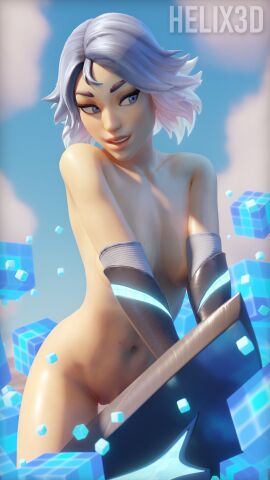 3d blue_eyes blue_hair bottomless female female_torso fortnite gloves_only helix3d light_skin lightrider_(fortnite) nipples_covered partially_clothed