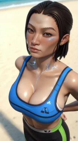 ai_assisted alternate_breast_size apex_legends arms_behind_back bare_midriff bare_shoulders beach big_breasts blue_veins blush body_markings bounce bouncing bouncing_ass breasts brown_eyes brown_hair conduit_(apex_legends) ear_piercing electronic_arts eye_contact face_markings fit fit_female freckles freckles_on_face glowing_tattoo high-angle_view huge_breasts large_breasts looking_at_viewer midriff minekezhe outdoors plump_breasts respawn_entertainment round_breasts shaking shaking_breasts short_hair skindentation slow_motion sports_bra sportswear tagme tattoo tattoos vein veins video