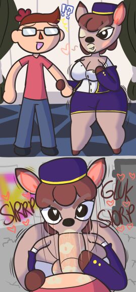 animal_crossing anthro ass balls bedroom_eyes big_ass big_breasts big_butt bodily_fluids bottomless breasts cleavage clothed clothing deer deirdre_(animal_crossing) duo female first_person_view genitals half-closed_eyes heart_eyes heart_symbol hi_res human inviting inviting_to_sex kiss_mark klutzatdusk lips lipstick_on_balls lipstick_on_penis male male/female mammal narrowed_eyes nintendo one_eye_closed oral oral_penetration penetration penis pov_blowjob saliva saliva_on_penis seductive thick_lips thick_thighs tight_clothing undressing villager_(animal_crossing) wide_hips wink