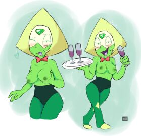 alcohol blush bowtie breast_grab breasts digital_media_(artwork) female gem_(species) green_body hi_res nipples open_mouth partially_clothed peridot_(steven_universe) plate purple_tongue spec_almond_(artist) steven_universe tongue tongue_out wine wine_glass winking_at_viewer