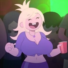 2d 2d_(artwork) 2d_artwork adventure_time adventure_time:_fionna_&_cake blonde-haired_female blonde_female blonde_hair blonde_hair_female blue_shirt blush bra cartoon cartoon_network cartoony closed_eyes drink group lifting lifting_shirt light-skinned_female light_skin one_eye_open parowy party presenting presenting_breasts rave_outfit rave_party red_cup shirt_lift smile smiling tagme video white_bra