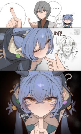 1boy 2girls azz0422 belle_(delicate_sunlight)_(zenless_zone_zero) belle_(zenless_zone_zero) breasts female female_focus goat_girl innuendo large_breasts light-skinned_female light_skin looking_at_viewer lucia_elowen male meme official_alternate_costume shocked sucking sucking_fingers suggestive wise_(soaring_crane)_(zenless_zone_zero) wise_(zenless_zone_zero) zenless_zone_zero