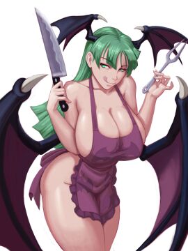 1girls apron breasts butcher_knife cleavage darkstalkers demon demon_wings female fork green_eyes green_hair head_wings huge_breasts knife long_hair morrigan_aensland naked_apron smirk solo succubus tongue tongue_out white_background wings zilvan