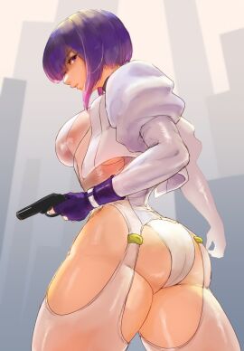 ass female fingerless_gloves from_below ghost_in_the_shell gloves gun handgun highres jacket juicy_butt kusanagi_motoko leotard mayomakadays medium_hair purple_hair red_eyes solo thighs weapon white_jacket white_leotard