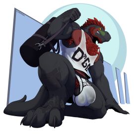 1boy anthro armpit_hair balls balls_outline beard biceps big_bulge body_hair bulge chest_hair claws clothed clothing corrsk digital_media_(artwork) dinosaur english_text facial_hair feathers feet genital_outline genitals hair hi_res humanoid_genitalia humanoid_penis jockstrap looking_at_viewer male male_only muscular muscular_anthro muscular_male paws pecs penis penis_outline pubes red_hair reptile scales scalie shirt smile solo tagg tail tank_top teeth text theropod toes topwear transparent_background underwear white_outline