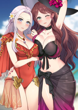 2girls armpits bare_shoulders bikini blue_sky breasts brown_hair cleavage cloud dorothea_arnault dorothea_arnault_(summer) earrings edelgard_von_hresvelg edelgard_von_hresvelg_(summer) female fire_emblem fire_emblem:_three_houses fire_emblem_heroes goma_tarata hat highres jewelry large_breasts long_hair looking_at_viewer multiple_females multiple_girls nintendo official_alternate_costume one-piece_swimsuit one_eye_closed see-through_clothes see-through_skirt skirt sky sleeveless swimsuit wink