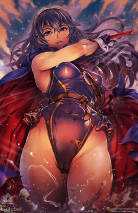 1girls 2019 alternate_costume artist_name ass_visible_through_thighs blue_eyes blue_hair blue_sky blue_swimsuit breasts cameltoe cape cloud covered_nipples cutepet falchion_(fire_emblem) female female_only fire_emblem fire_emblem_awakening from_below gloves hair_between_eyes hair_ornament higher_resolution_available highleg_leotard highres leotard long_hair looking_at_viewer looking_down lucina_(fire_emblem) medium_breasts nintendo one-piece_swimsuit partially_visible_vulva pussy skimpy smile solo standing sunset swimsuit sword symbol-shaped_pupils thick_thighs thigh_gap thighs tiara toned toned_body toned_female water watermark weapon wet