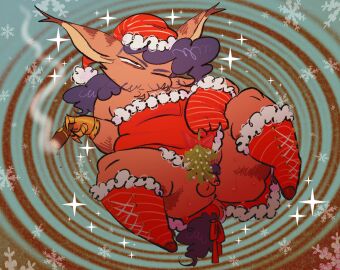 abstract_background accessory ambiguous_gender anthro ass black_hair boots bow_ribbon brown_body brown_fur christmas christmas_clothing christmas_headwear cigar clothing curled_hair cutoffcutiemark domestic_cat ear_tuft facial_hair felid feline felis footwear fur furgonomics futanari genitals gloves hair handwear hat headgear headwear hi_res holding_cigar holding_mistletoe holding_object holidays intersex long_ears mammal mistletoe moustache narrowed_eyes penis plant prosthetic prosthetic_hand pubes red_clothing ribbons santa_hat shoes small_(cutoffcutiemark) snowflake solo spiral_background squint tail tail_accessory tail_bow tail_ribbon tuft