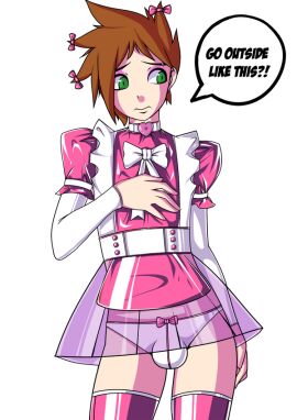 1boys 1femboy ?! argrim bow brown_hair bulge bulge_through_clothing bulge_through_underwear choker crossdressing cute embarrassed english english_text femboy femboy_only green_eyes latex male male_only necklace no_background png see-through see-through_clothing solo solo_femboy solo_male speech_bubble text thighhighs trap