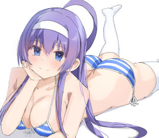 1girls ahoge arm_support ass ass_cleavage ass_crack bare_shoulders big_ass big_breasts bikini blue_bikini blue_eyes blue_hair blush breasts busty butt_crack confident feet female front-tie_bikini_top front-tie_top highres large_breasts legs long_hair looking_at_viewer lying on_stomach orie_ballardiae pose posing sensual side-tie_bikini_bottom simple_background smile solo striped_bikini striped_clothes swimsuit tabii the_pose thick_thighs thighhighs thighs under_night_in-birth white_background white_bikini