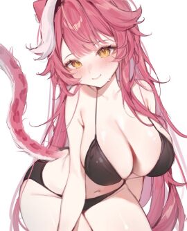 bikini black_bikini blush cat_ears hololive hololive_english hololive_english_-justice- kemonomimi long_hair looking_at_viewer miyuchiq pink_hair raora_panthera simple_background tail virtual_youtuber yellow_eyes