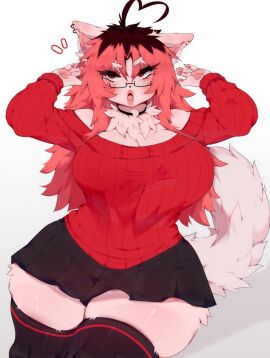 absurd_res anthro arms_behind_head big_breasts black_skirt blush blush_lines breasts brown_hair cleavage collar cowlick ear_piercing eyebrows eyebrows_visible_through_hair eyelashes eyelashes_visible_through_hair eyeshadow female fluffy fluffy_tail furry furry_only glasses infienthusiast1 johanna_(infienthusiast1) lipstick long_hair neck_tuft open_mouth paws pink_body pink_fur pink_hair red_eyes red_head red_sweater sezstyy short_skirt skirt sweater tail thick_thighs thighhighs tongue two-tone_hair white_background
