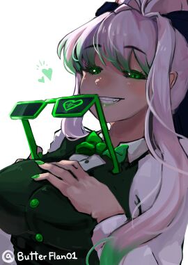 artist_name bow bowtie breasts butterflan01 doki_doki_literature_club female fingernails glasses green_bow green_bowtie green_eyes heart hearts monika_(doki_doki_literature_club) neo_monika painted_fingernails painted_nails twitter_username