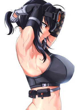 1girls armpits arms_behind_head artist_request black_hair breasts clothed female from_side grace_howard huge_breasts large_breasts red_eyes solo stretching sweat upper_body zenless_zone_zero